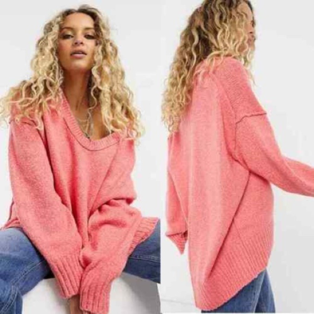 Free People Coral Pink V-Neck Oversized Sweater - Picture 4 of 13